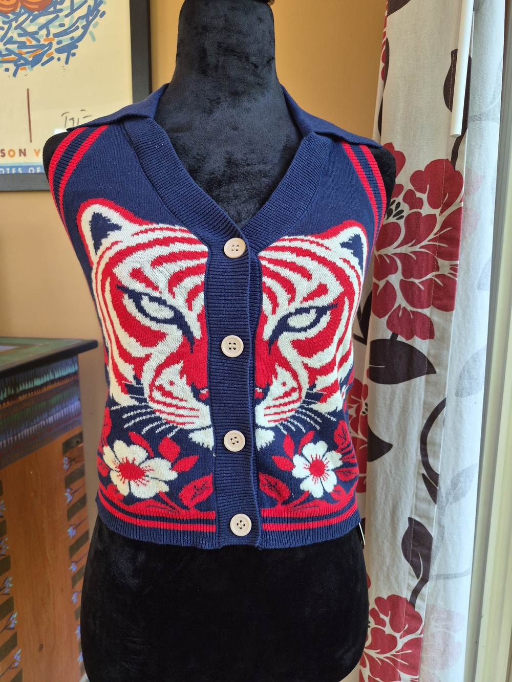 Oxknit Navy Red Tiger Intarsia Halter Sweater Vest NWT